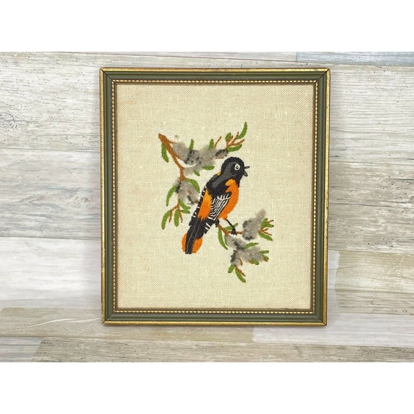 Needle Punch Embroidery Bull Finch on Tree Branch Framed 8"X10" - Picture 1 of 3